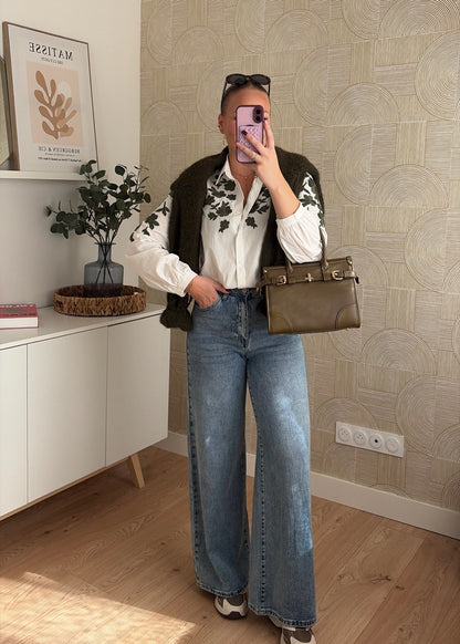 Chemisier blanc/kaki à fleurs - SCARLA