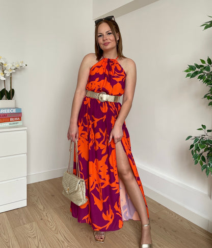 Robe longue à motifs orange CARINA