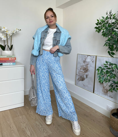 Pantalon plissé à fleurs bleu ZÉPHIRA