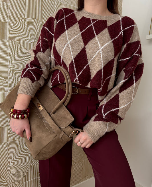 Pull losanges bordeaux - ICONIQUE
