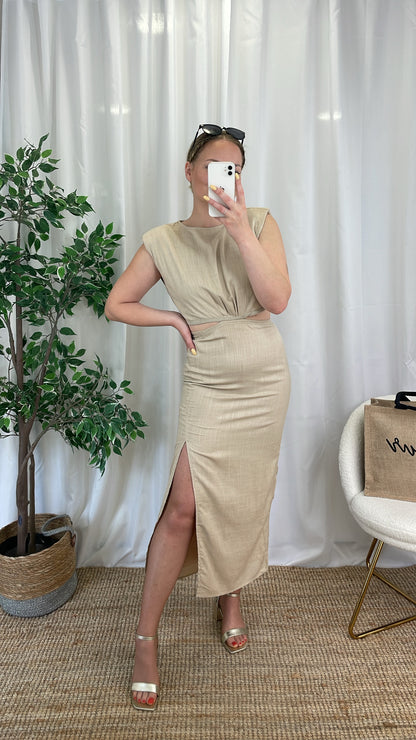 Robe midi en lin beige - MEGHANE