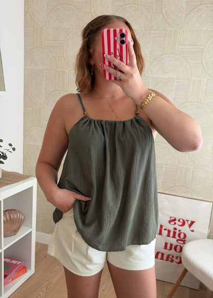 Top léger perles kaki - CAMILLE