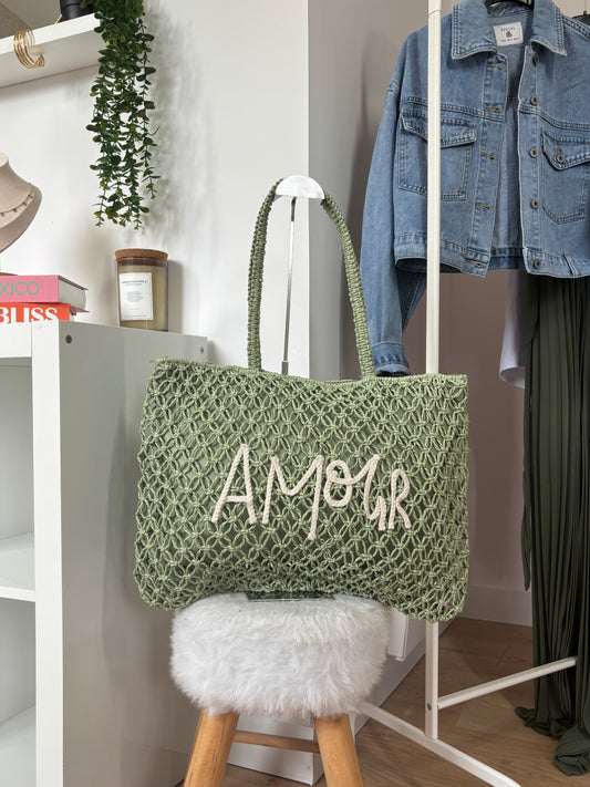 Sac en paille kaki AMOUR