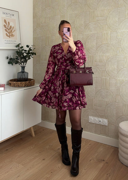 Robe courte à fleurs bordeaux - WAYNA