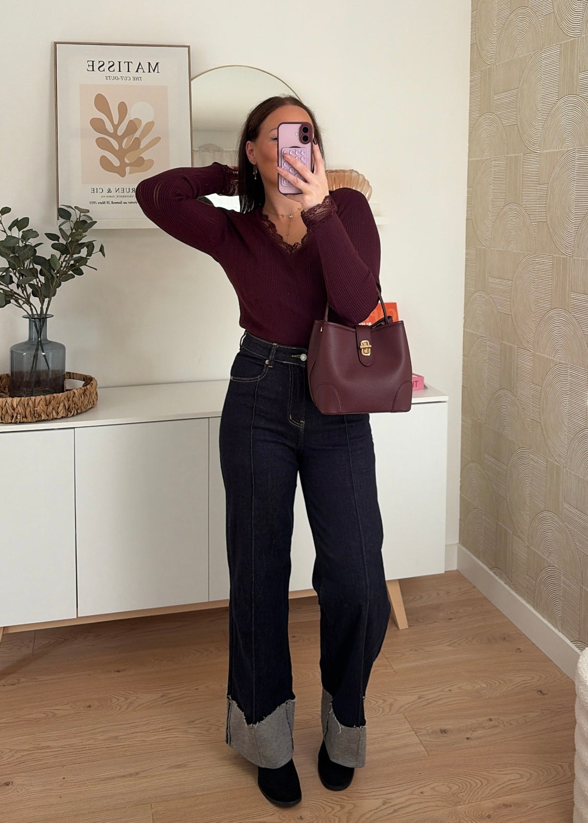 Top côtelé/dentelle bordeaux - LIVIA